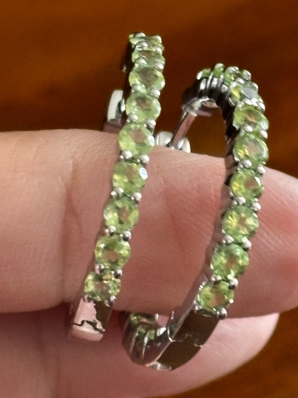 Silver Hoop Earrings with Genuine Peridot Green Gemstones